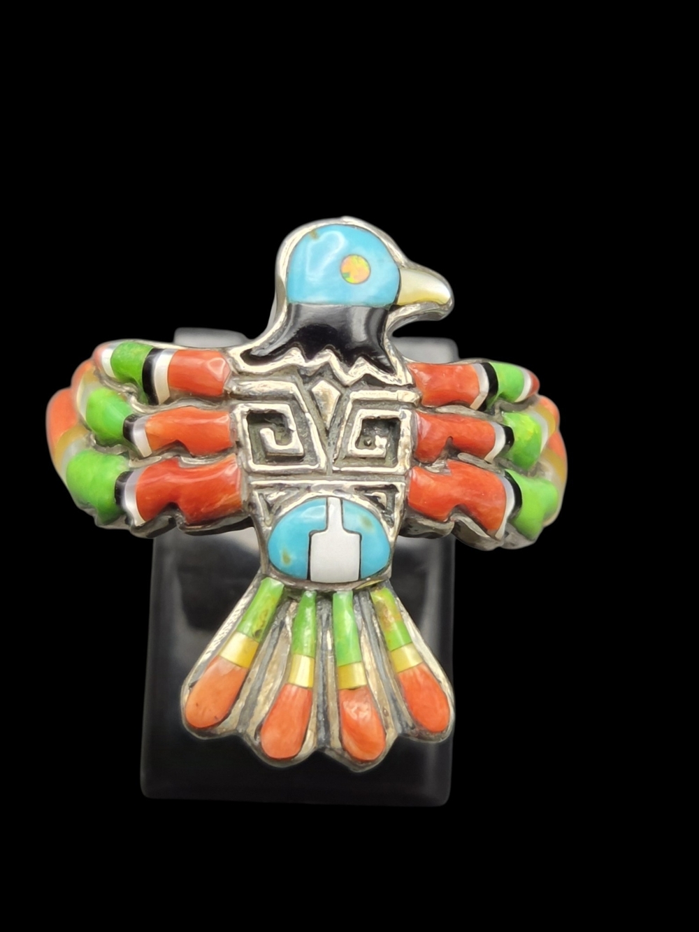 Sterling Silver Multicolor Thunderbird Bird Ring - Orange & Green 9.25